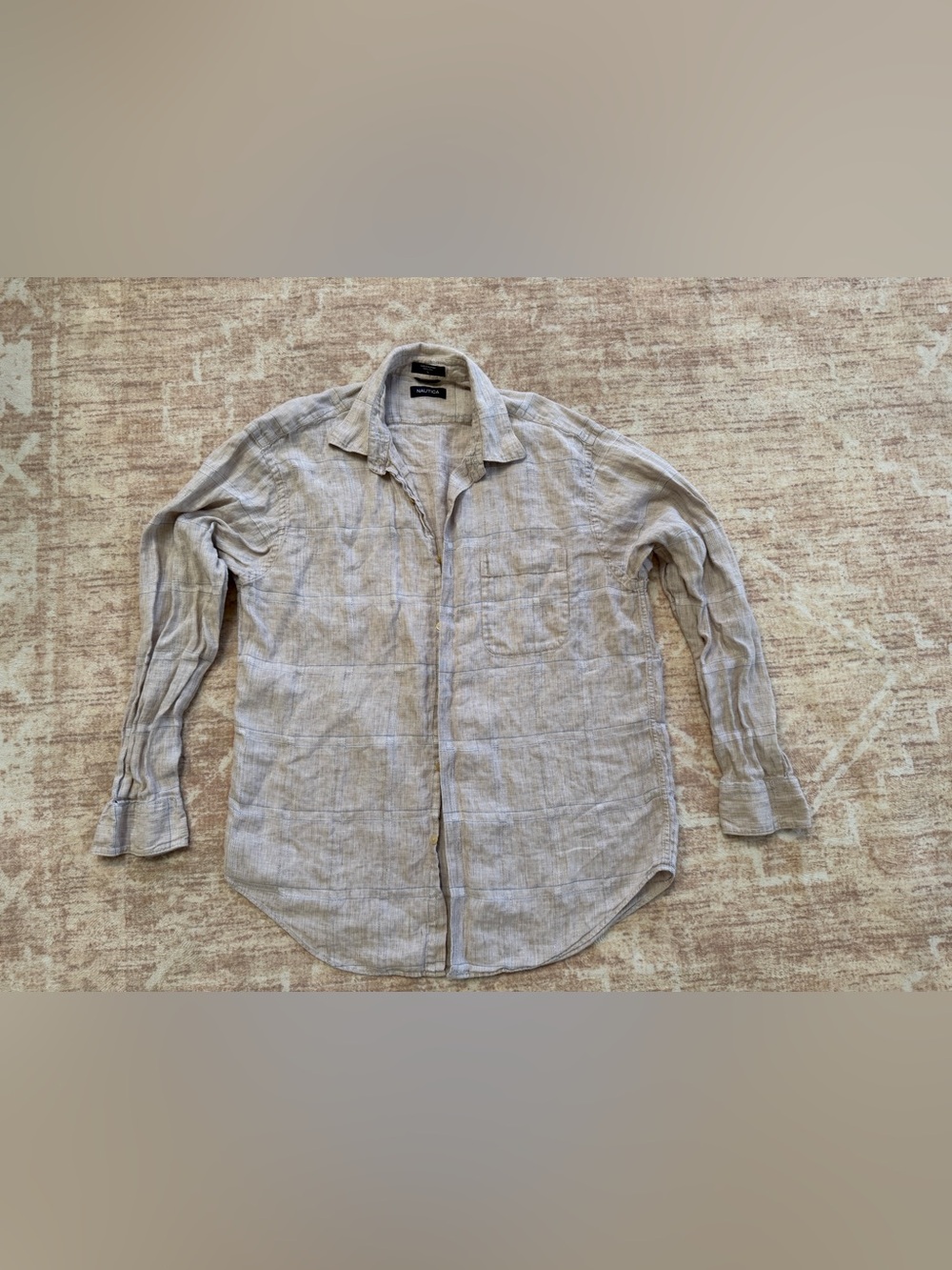 Nautica Men's L Long Sleeve 100% Linen Shirt Grid Plaid Casual Beachwear